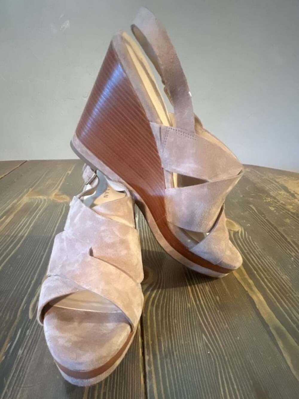 Cole Haan Laci Wedge Sandals Size 9B Stone Taupe Suede Platform Slingback